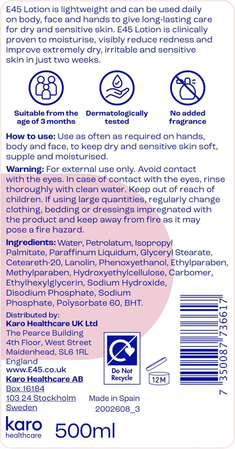 E45 Moisturising Lotion 500ml – Long-Lasting Hydration for Dry & Sensitive Skin