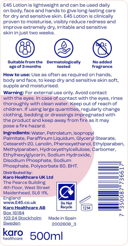 E45 Moisturising Lotion 500ml – Long-Lasting Hydration for Dry & Sensitive Skin